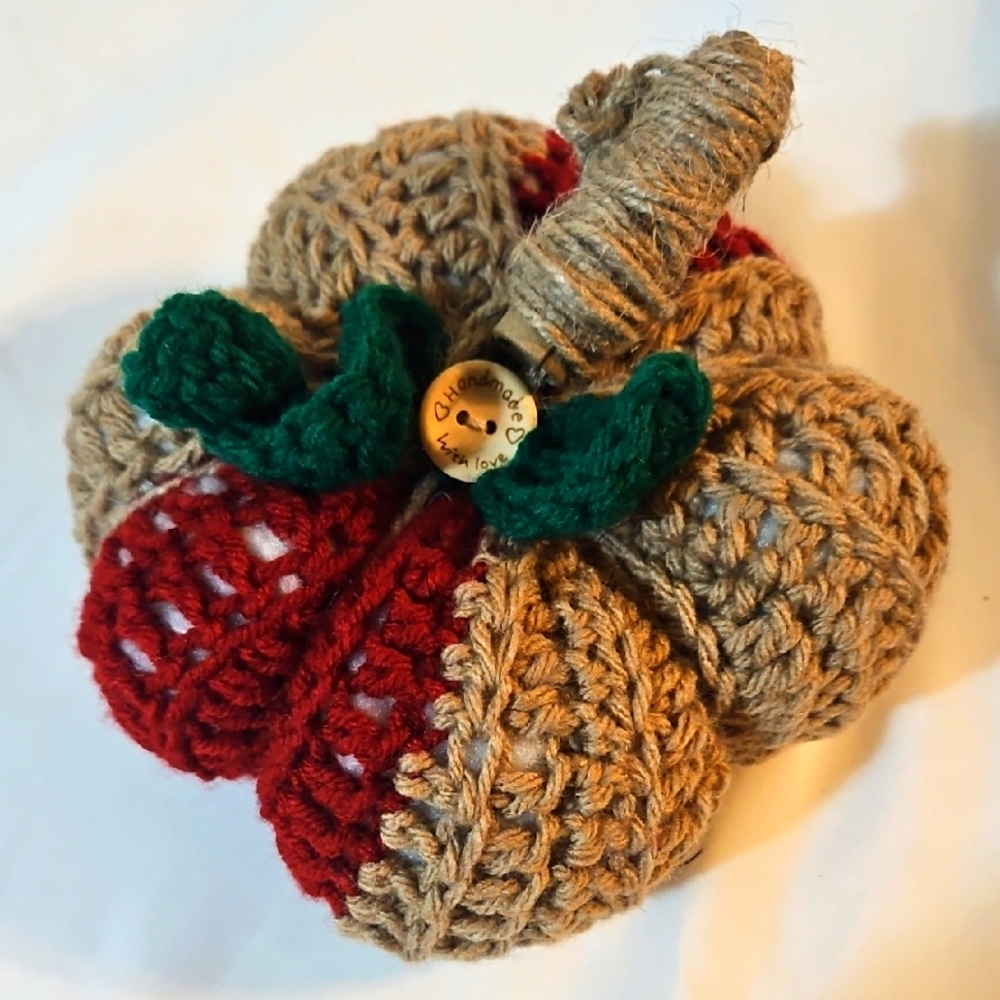 Handmade Crochet Pumpkin Crochet Rustic Fall Decor with Jute Stem and Green leaf - Picture 4 of 17